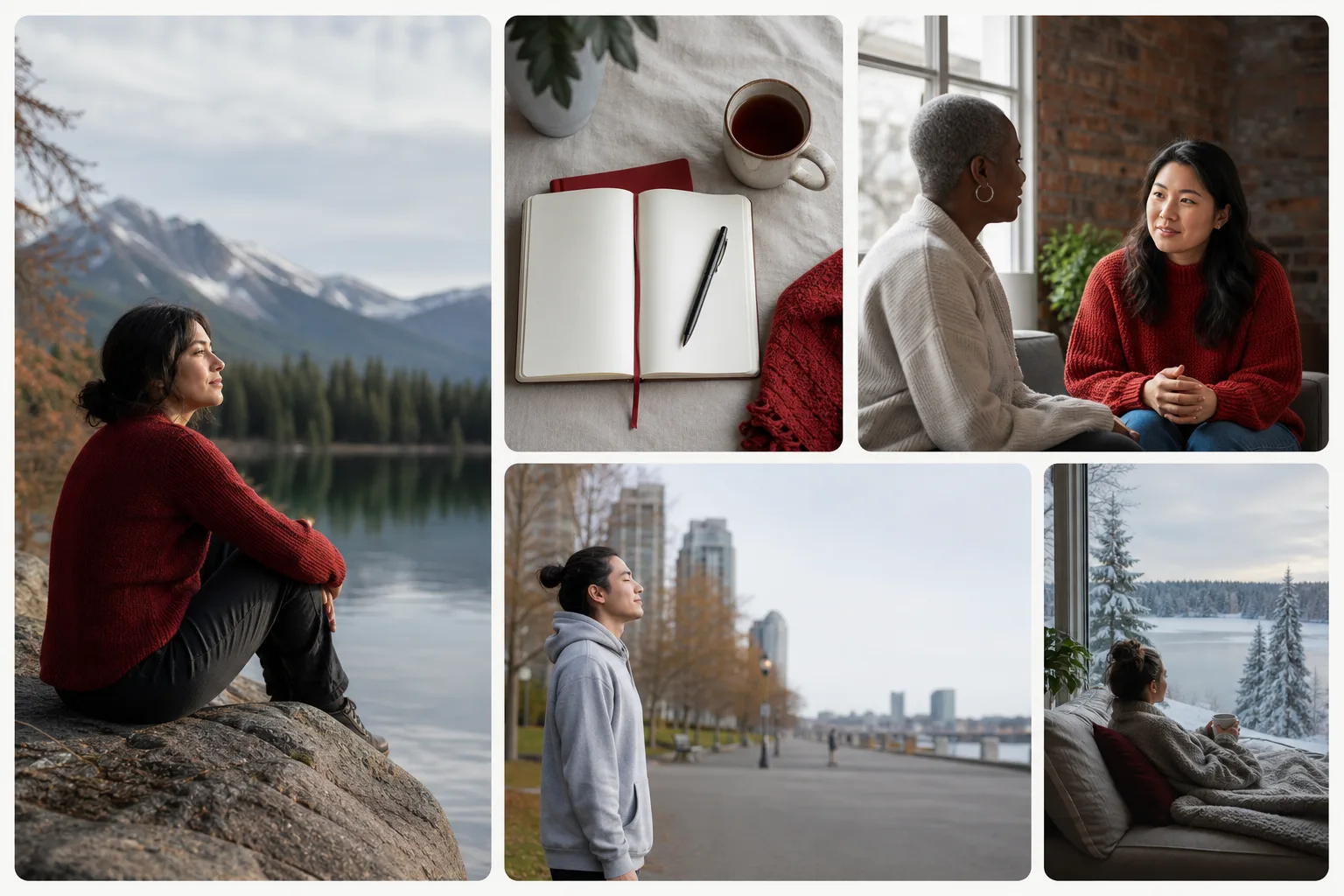 Adult taking a calm reflective pause beside a Canadian lakeside landscape